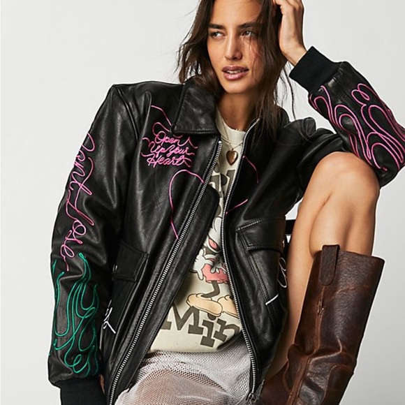 Understated Leather Jackets & Blazers - UNDERSTATED LEATHER Jacket with Pink Heart Embroidery “WONT BACK DOWN”🥷🤍